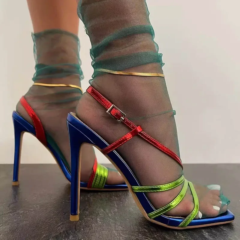 

Square Toe Open Toe Patchwork Colour One Buckle Strap High Heels Women Fashion Sexy Side Hollow Fine High Heeled Women Sandals