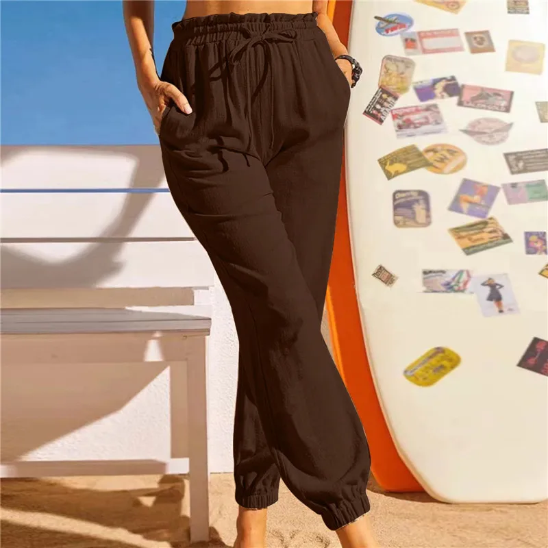 Womens Spring Summer Pants Cotton Linen Solid Elastic Waist Trousers Soft High Quality for Female Ladys S-XXXL Sweatpants Women
