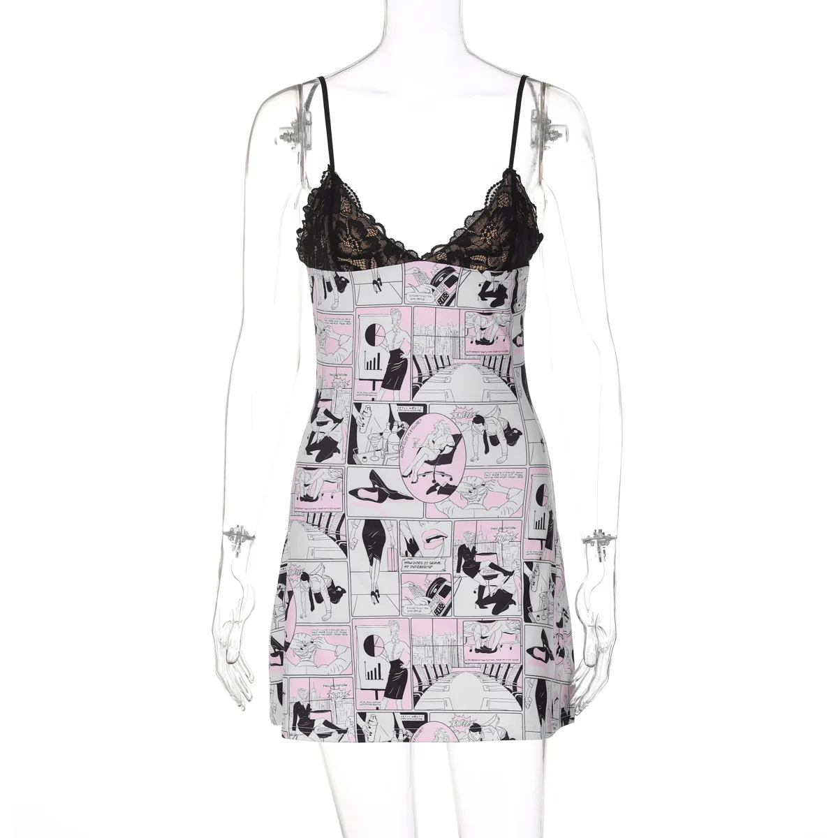 Lace Printed Fashion Halter Dresses Women's Sexy V-Neck Backless Contrast Spaghetti Night Club Clothes Female Mini Dress