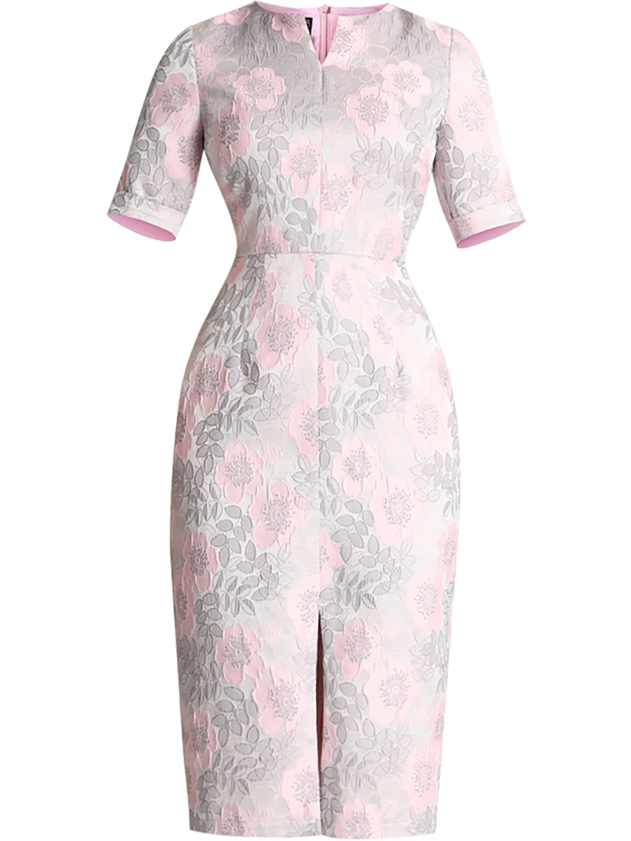 

New Summer Straight Dress Short Sleeve Jacquard Pencil Dress Sexy Split Dresses Party Evening Clothing Slim Waist Knee-Length