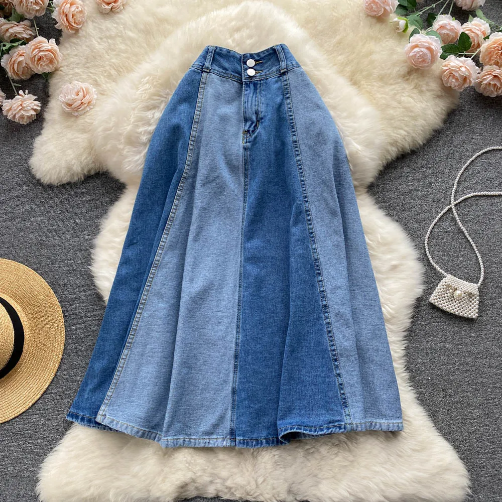 

Spring and Summer New Medium-length Loose Skinny Color Blocking Swing High Waist Package Hip A-line Denim Skirt