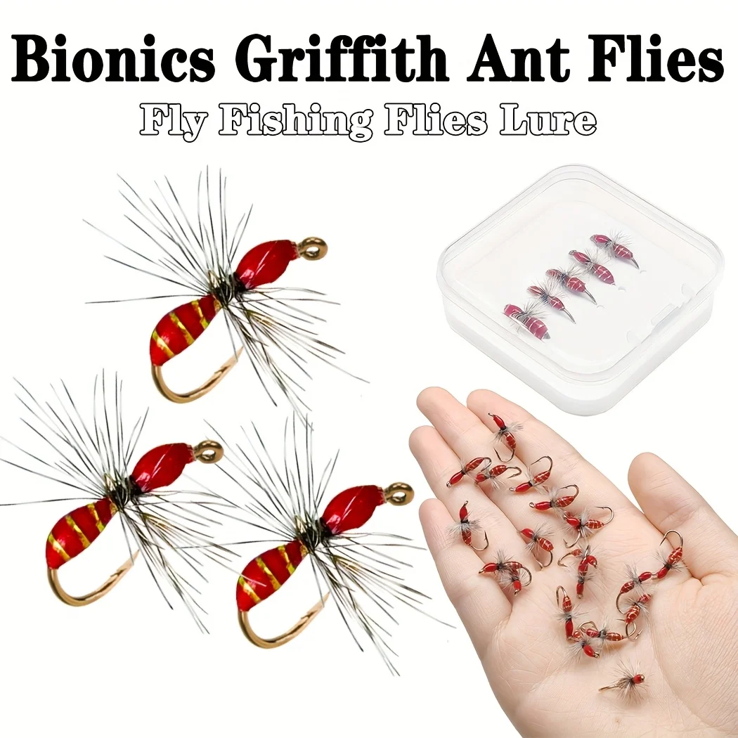 5-teiliger Griffith Ameisenköder, Kohlenstoffstahl-Haken, geeignet zum Angeln auf Forellen, Seebarsch, Lachs, usw. Mit Fliegenbox