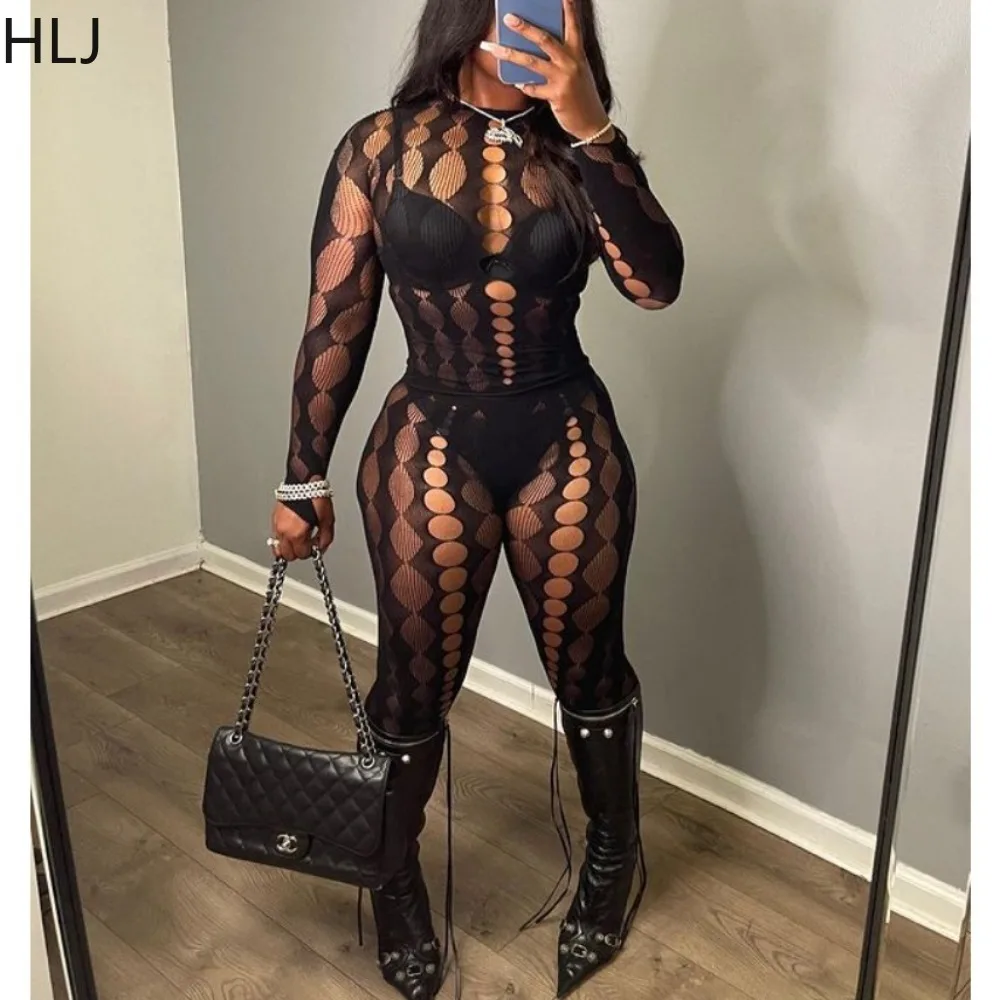 HLJ Black Sexy Hollow Out Mesh Perspective Nightclub Two Piece Sets Women Round Neck Long Sleeve Top And Skinny Pants Outfits