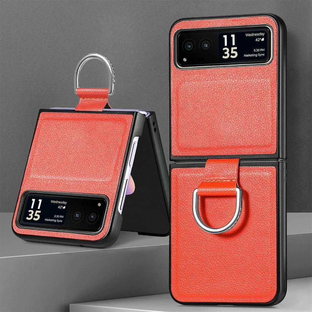 Elegant Lychee Pattern PU Leather Folding Phone Case with Ring