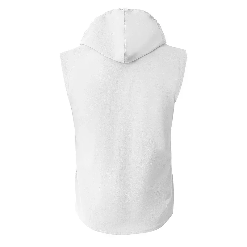 Summer Men's Linen Hooded Sleeveless Shirt Loose Casual Breathable Waistcoat Male Solid Thin American Style Beach Shirts Vests_viptrois.com