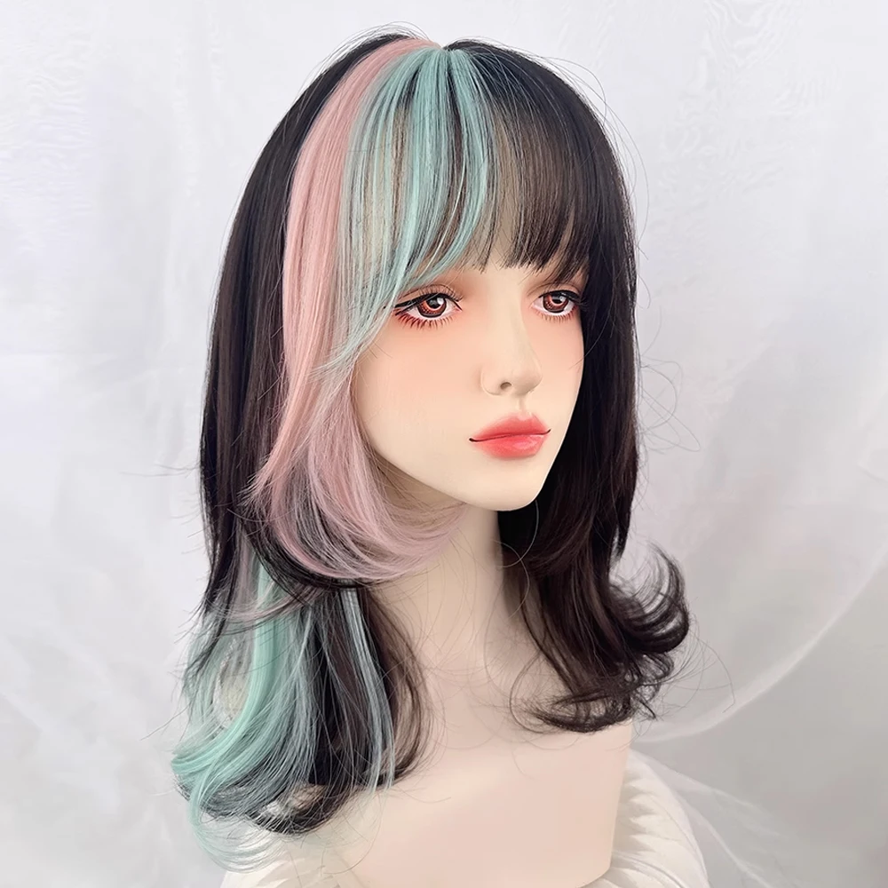 Synthetic Short Wavy Ombre Black Pink Blend Wig with Bangs Lolita Cosplay Women Fluffy Hair Wig for Daily Party