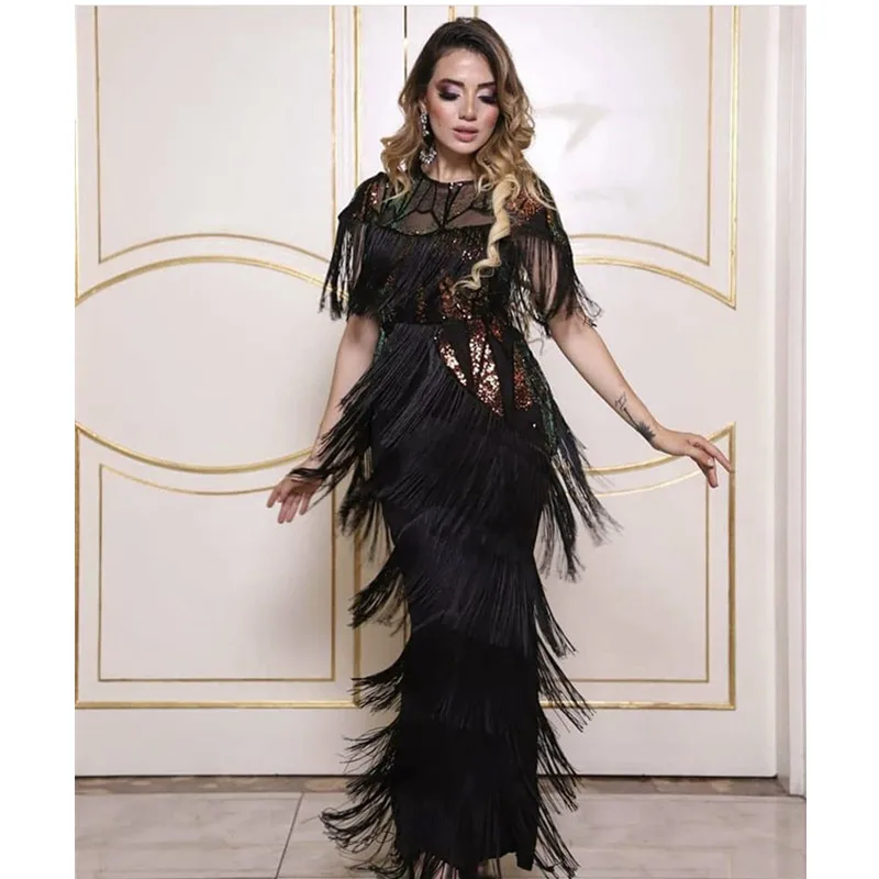 Women Summer Sexy Fringed Embellished Bodycon Celebrity Evening Dress Short Sleeve Fringe Tassel Club Party Dress Party dresses women off shoulder short sleeve midi dress casual summer ruffle bodycon dresses dropship