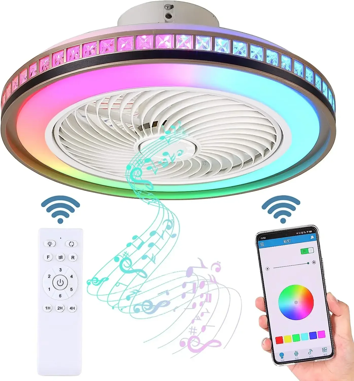 Ceiling Fan Chandelier 50CM With Led Light Remote Control Bluetooth Speaker Ventiliator Fan 6 Speed Wind Guide For Home Lghting