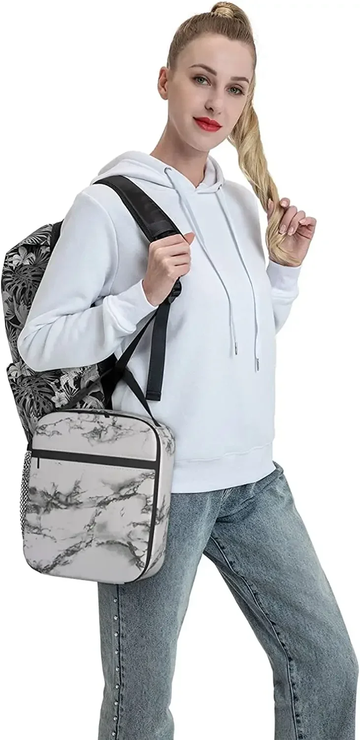 Lunch Box Insulated Lunch Bag for Women Men White Marble Black Texture Reusable Cooler Tote Bags for Work Picnic Outdoor