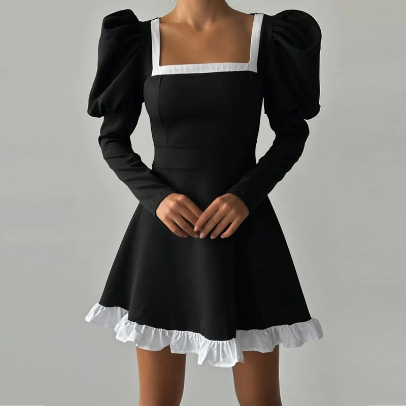 

Elegant Lady Long Sleeve Dating A-line Dress Black White Color Matching Slim Dress Autumn Fashion Square Neck Waist Party Dress