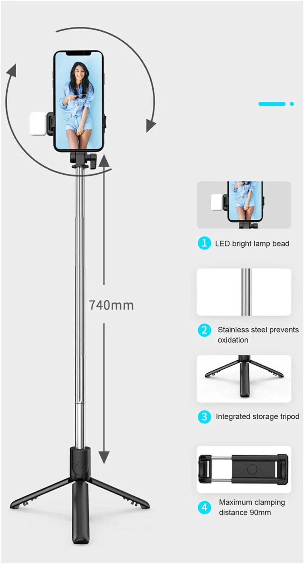 Bastone selfie bluetooth con telecomando e treppiede wireless_voghion.com