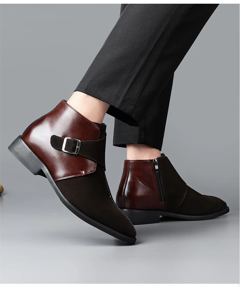 Herbst Winter Männer Business Spitz Zipper Stiefeletten Patchwork Leder Chelsea Stiefel Schnalle Dekor Komfort Formale Schuhe Mann – Detail 7
