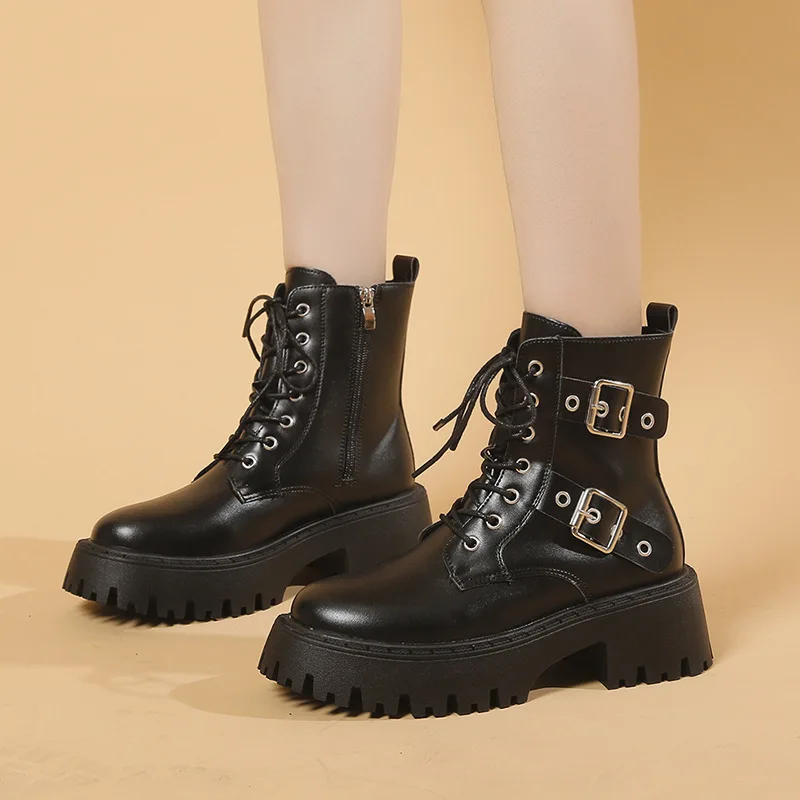 Ankle Chelsea Boots Women Shoes 2024 New Autumn Winter Flats Motorcycle Boots Round Toe Goth Punk Boots Chunky Mujer Zapatos