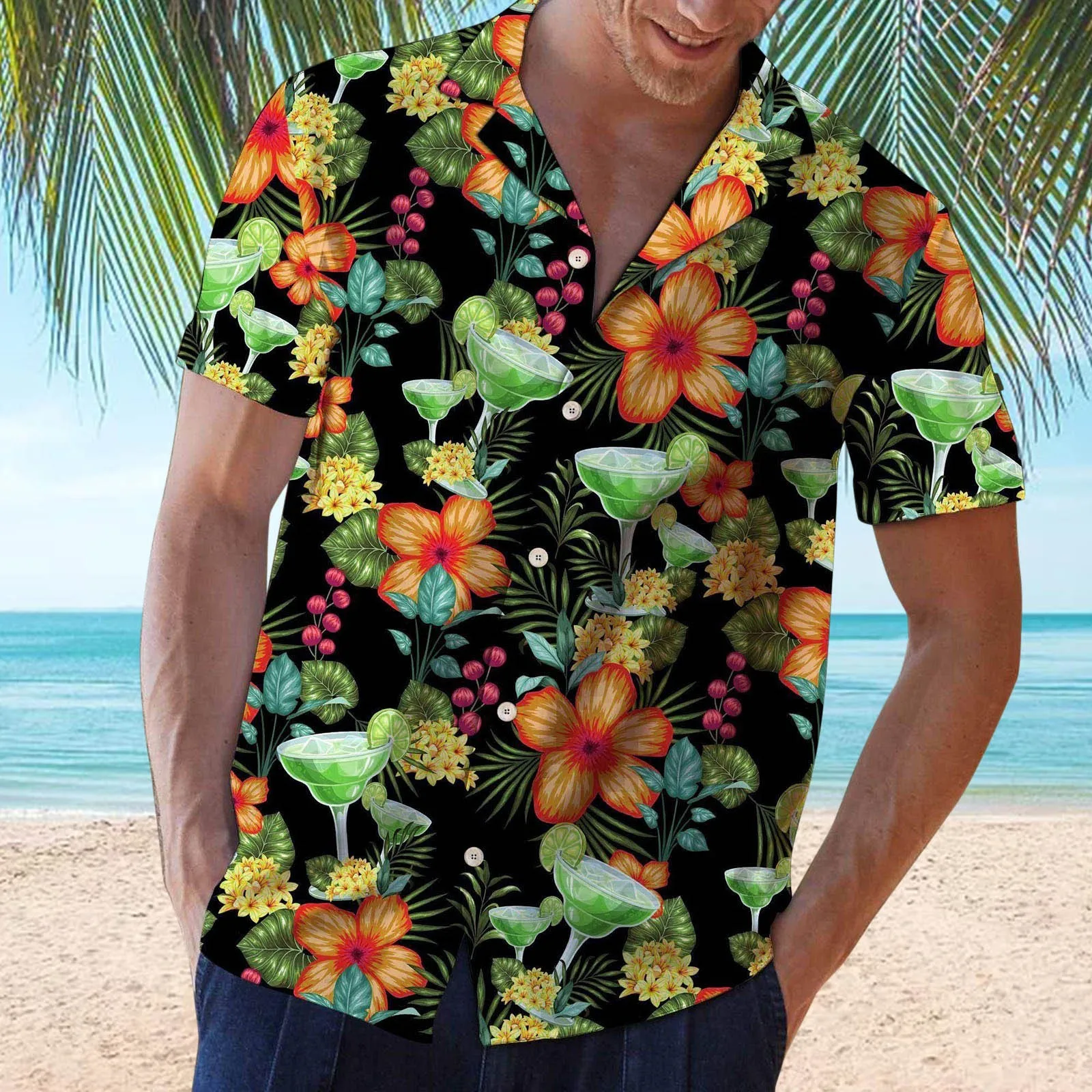 Men Short Sleeve Palm Tree Hawaii Shirts Summer Beach Casual Floral T Shirt  Tops