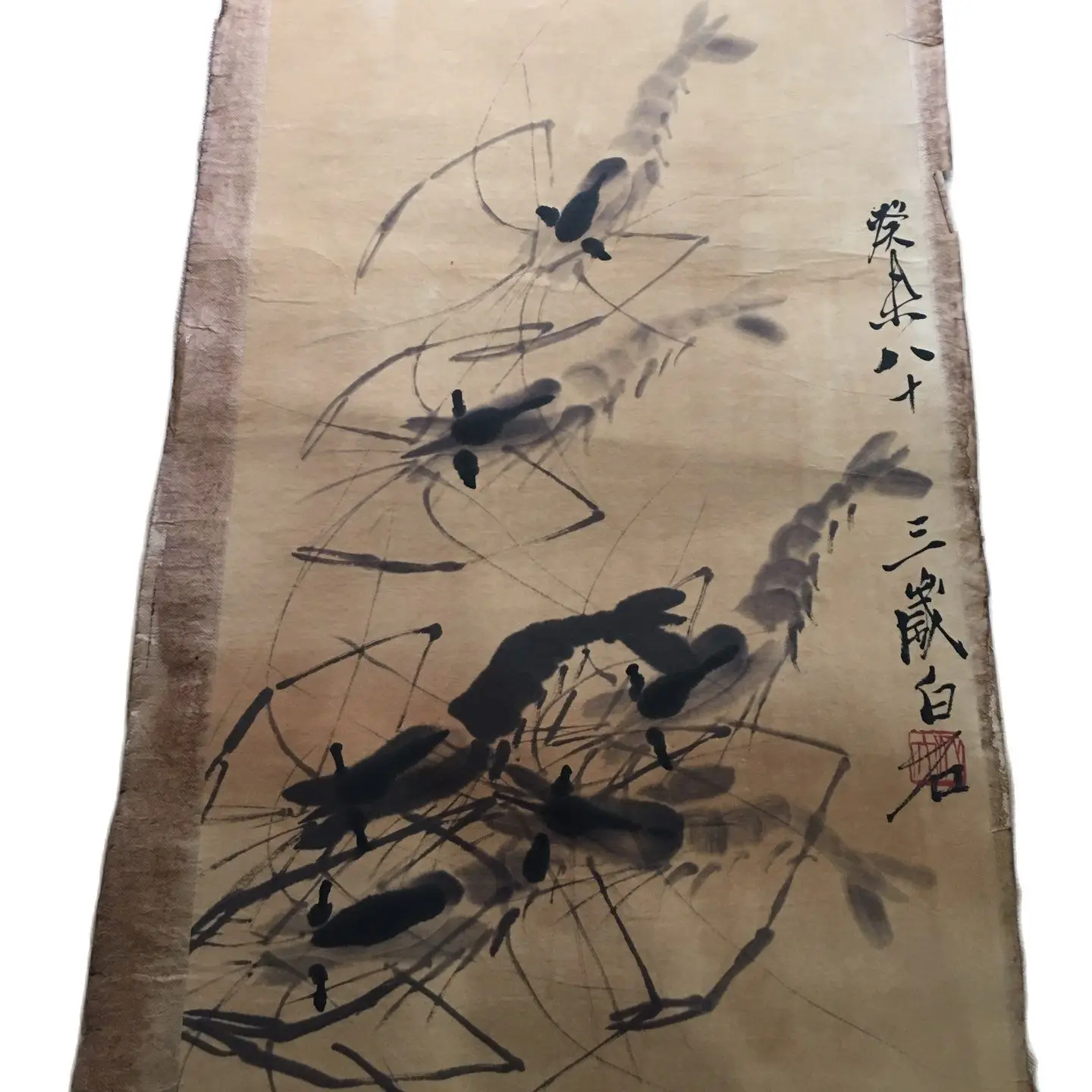 

Old Chinese calligraphy Scroll painting Hand Painted“Qi Baishi shrimp" Slice