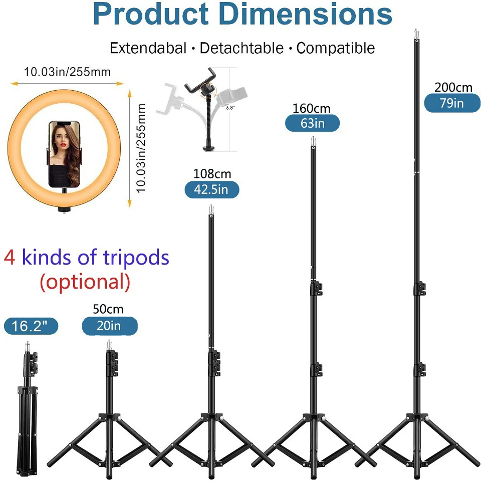 Dimmable Lâmpada Redonda, Tripé, Trepied Maquiagem, Fotografia, Phone Stand Holder, 10