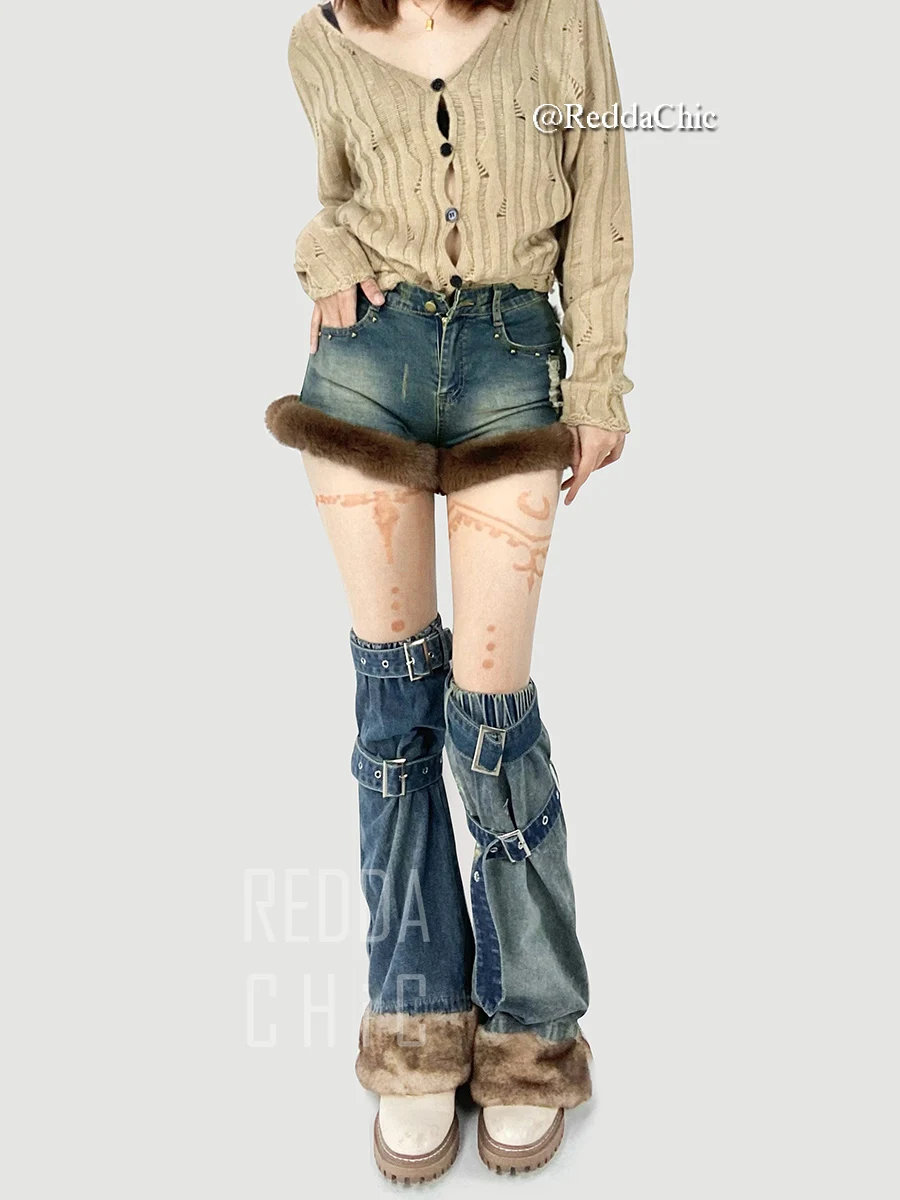 REDDACHiC Y2k Winter Fuzzy Denim Shorts Leg Warmer Women Cute Faux