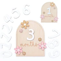 Wooden Baby Monthly Milestone Cards Flowers Double Sides Number Month Girls Boys Newborn Photography Props Accessories 2