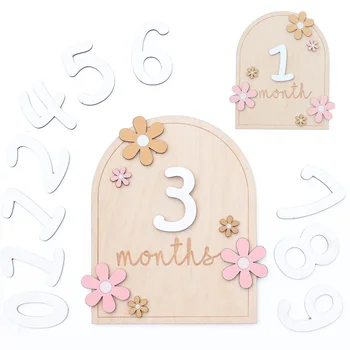Wooden Baby Monthly Milestone Cards Flowers Double Sides Number Month Girls Boys Newborn Photography Props Accessories