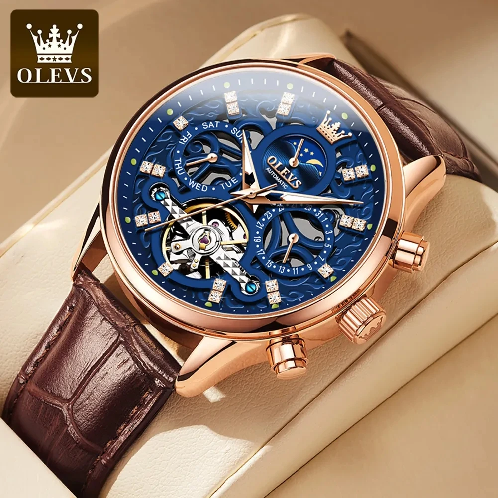 Olevs Orologi Meccanici Per Uomo Scheletro Automatico Fasi Lunari Orologio Da Polso Da Uomo D'Affari Impermeabile Moonswatch Regali Di Natale