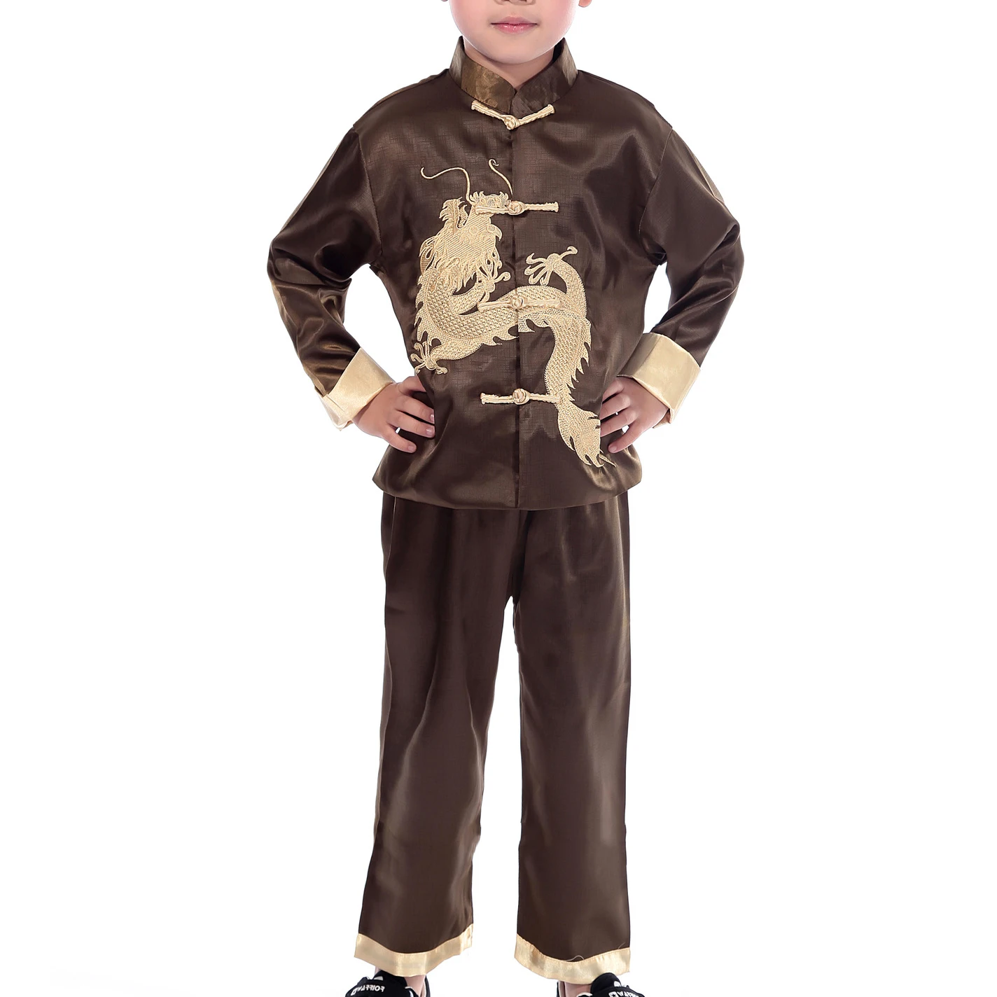 Satin Children Boy Tang Suit Vintage Embroidery Dragon Kong Fu Clothing Chinese Mandarin Collar Casual 2PCS Shirt&Pants images - 6