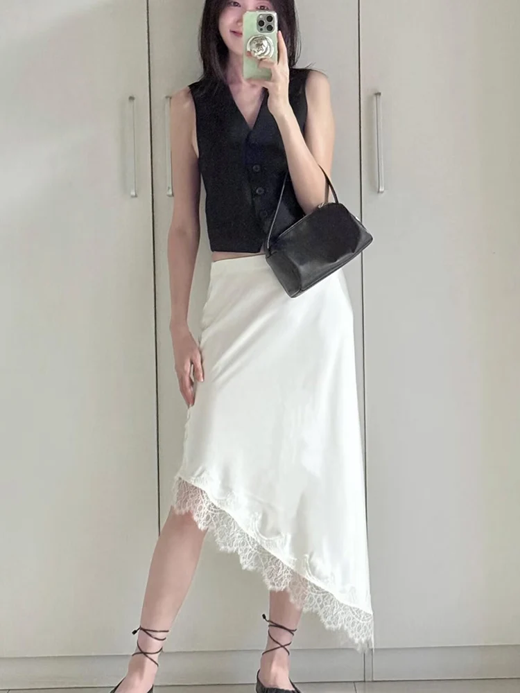 Summer New Women Satin Midi Skirts Simple Fashion Asymmetrical Lace Spliced Skirts Chic Elastic Waist Casual Irregular Skirt
