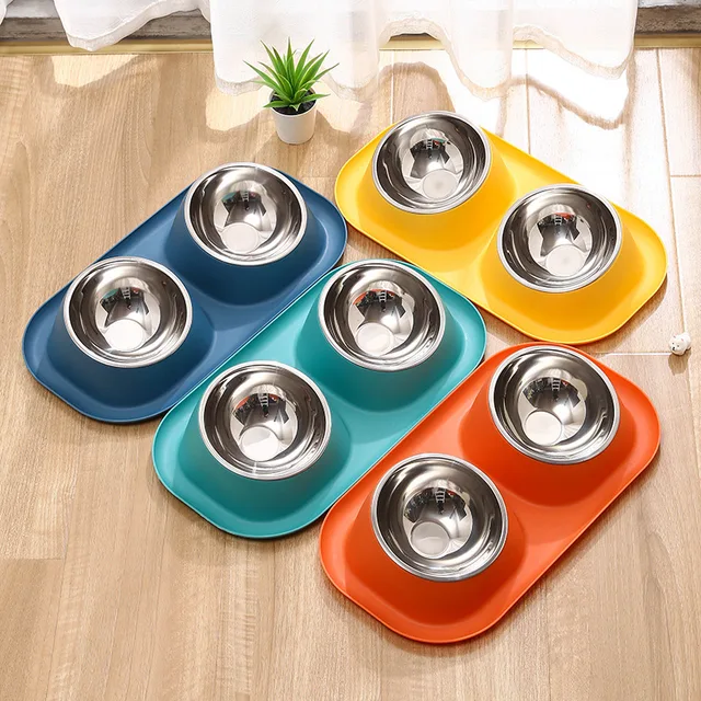 1pc Stainless Steel Double Cat Dog Bowl Cat Food Container Non-slip Base Pet Water Feeder Tilt Safeguard Neck Puppy Cats Bowls 3