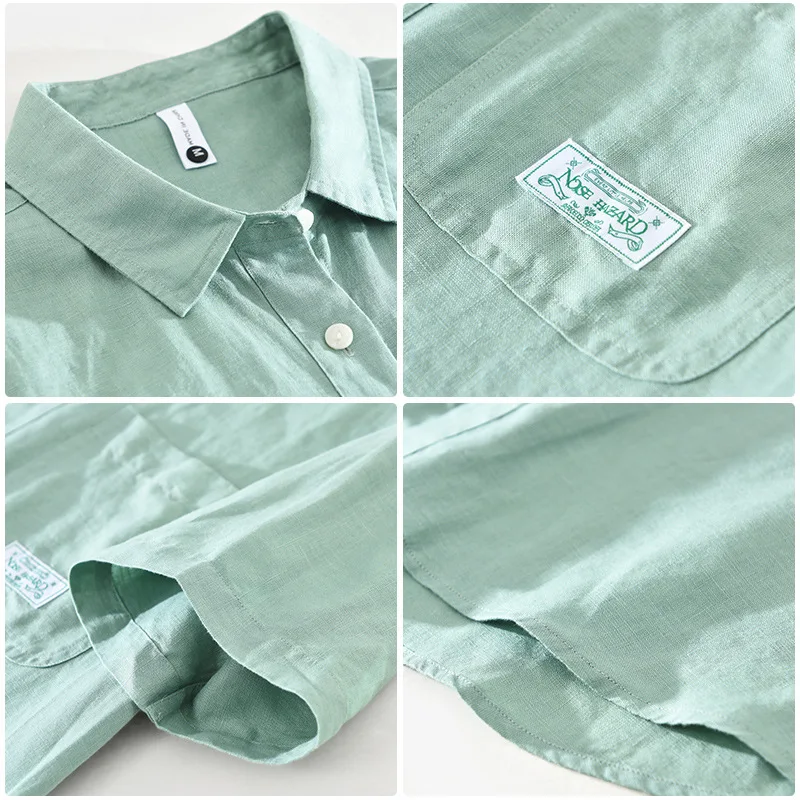 Men Pure Linen Short-sleeved Shirt Spring Summer Fresh Literature and Art Leisure Square Neck Linen Top Workwear CM3023 casual short sleeved shirt linen shirt short sleeved shirt