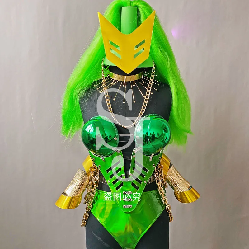 

Women Green Armor Stage performance gogo show design futuristic technology leather costume club ba dance outfit