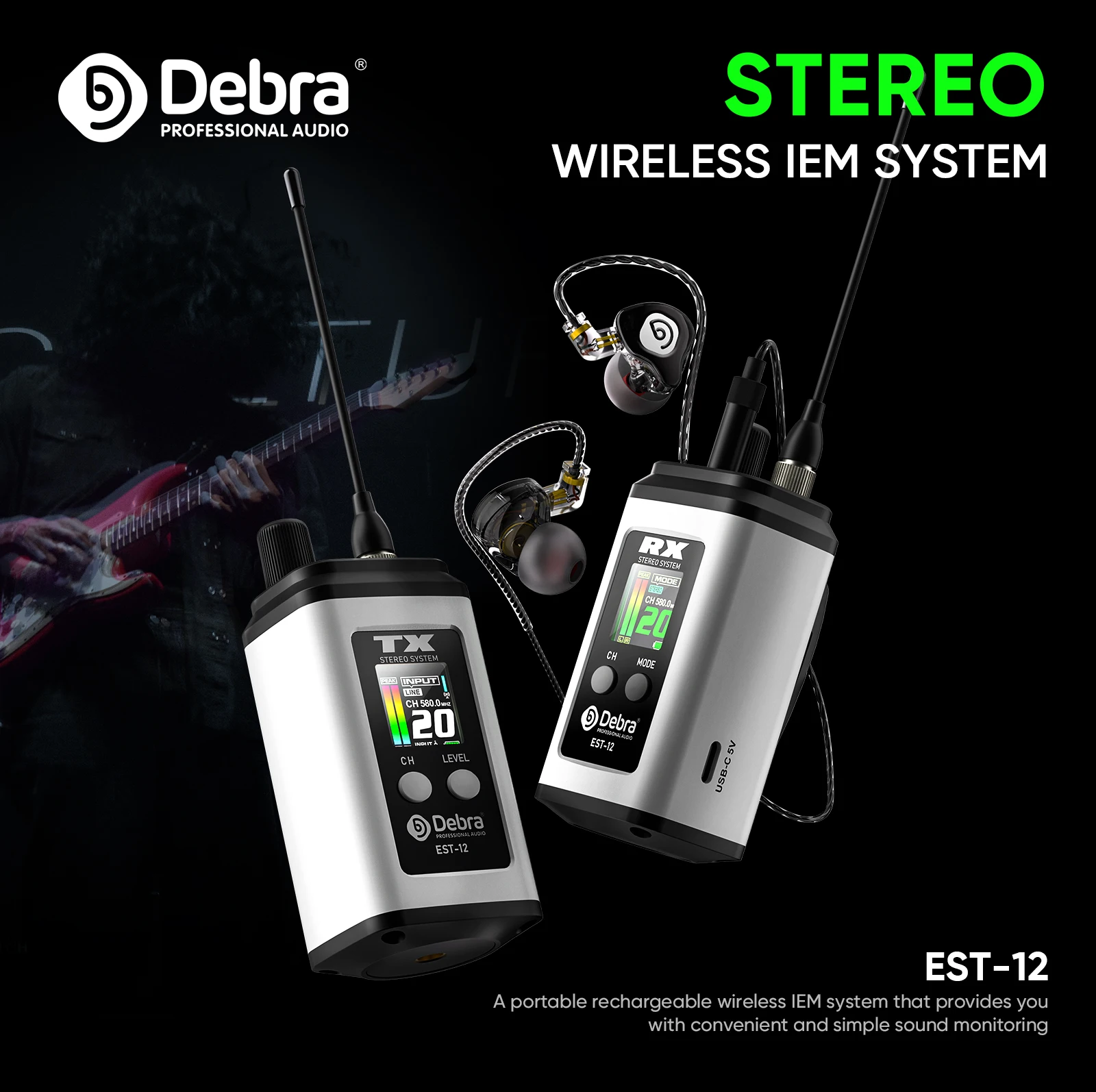 Debra EST-12 UHF Stereo Dual-channel IEM Protable Wireless In-Ear Monitor System