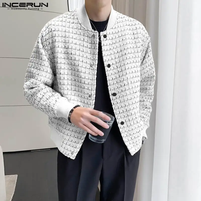 Casual Simple Style Tops INCERUN New Men's Well Fitting Jackets Fashionable Plaid Collarless Long Sleeved Cardigan Jackets S-5XL