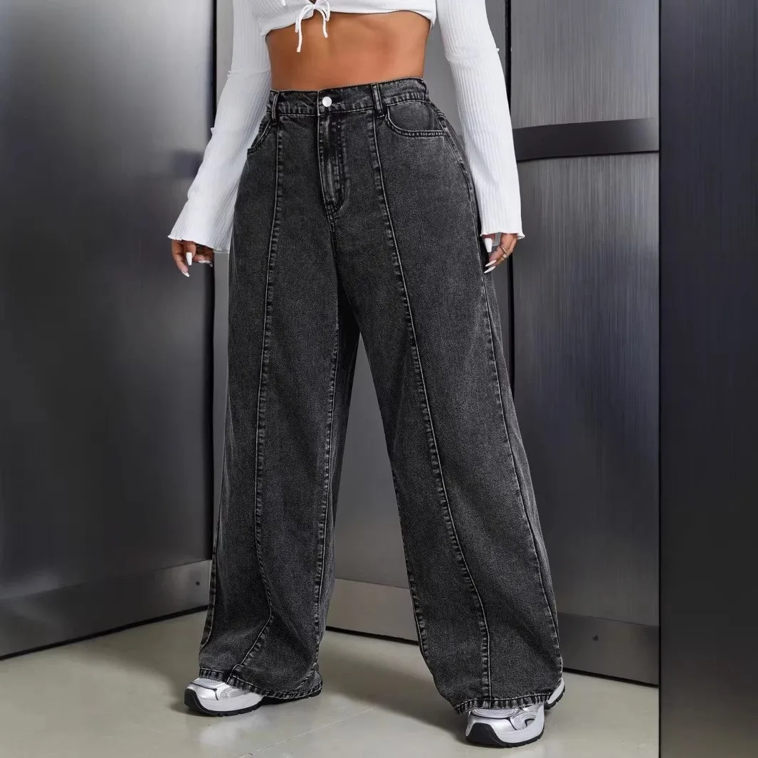 Jeans pour femmes grandes tailles, taille haute, coupe large, en denim noir déchiré, jambe droite ample, avec ourlet élastique