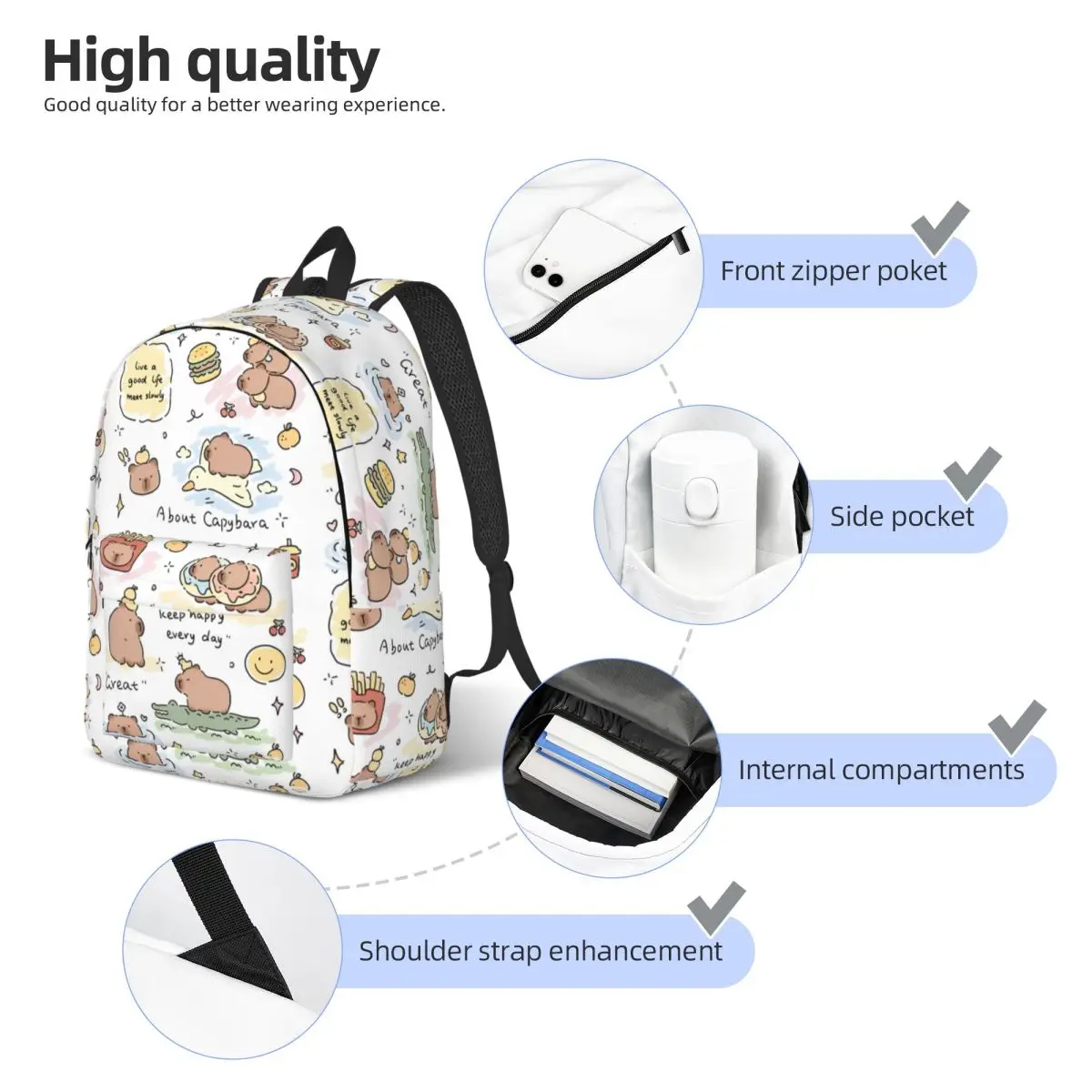 Kawaii Capybara Cartoon Cute Backpack Elementary High College School Student Bookbag Teens Canvas Daypack Gift 4