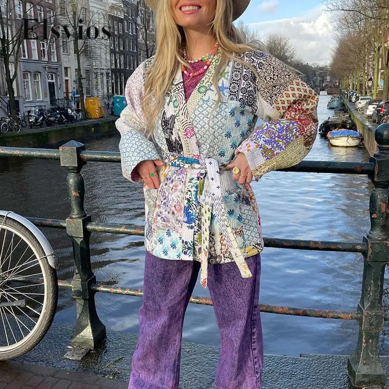 

Casual Fashion Long Sleeve Belt Cardigan Coat Women Autumn Cotton Corduroy Tops Jacket Winter Vintage Block Floral Print Outwear