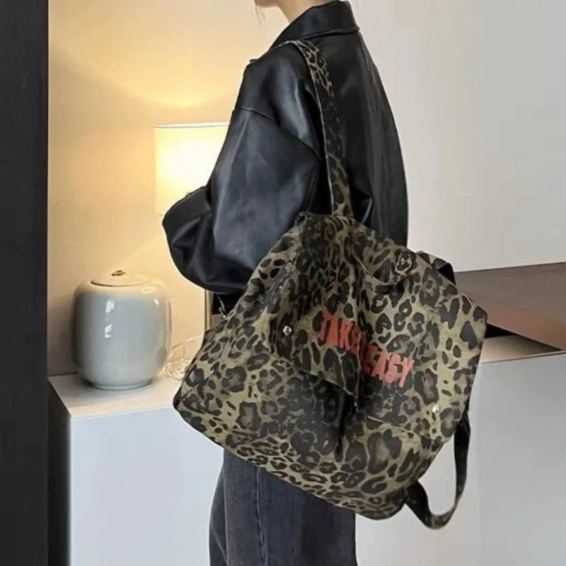 JIAERDI Sweet Cool Leopard Print Canvas Backpack Large Capacity Travel Student Y2k Backpacks Hot Girls Casual Mochila Aesthetic