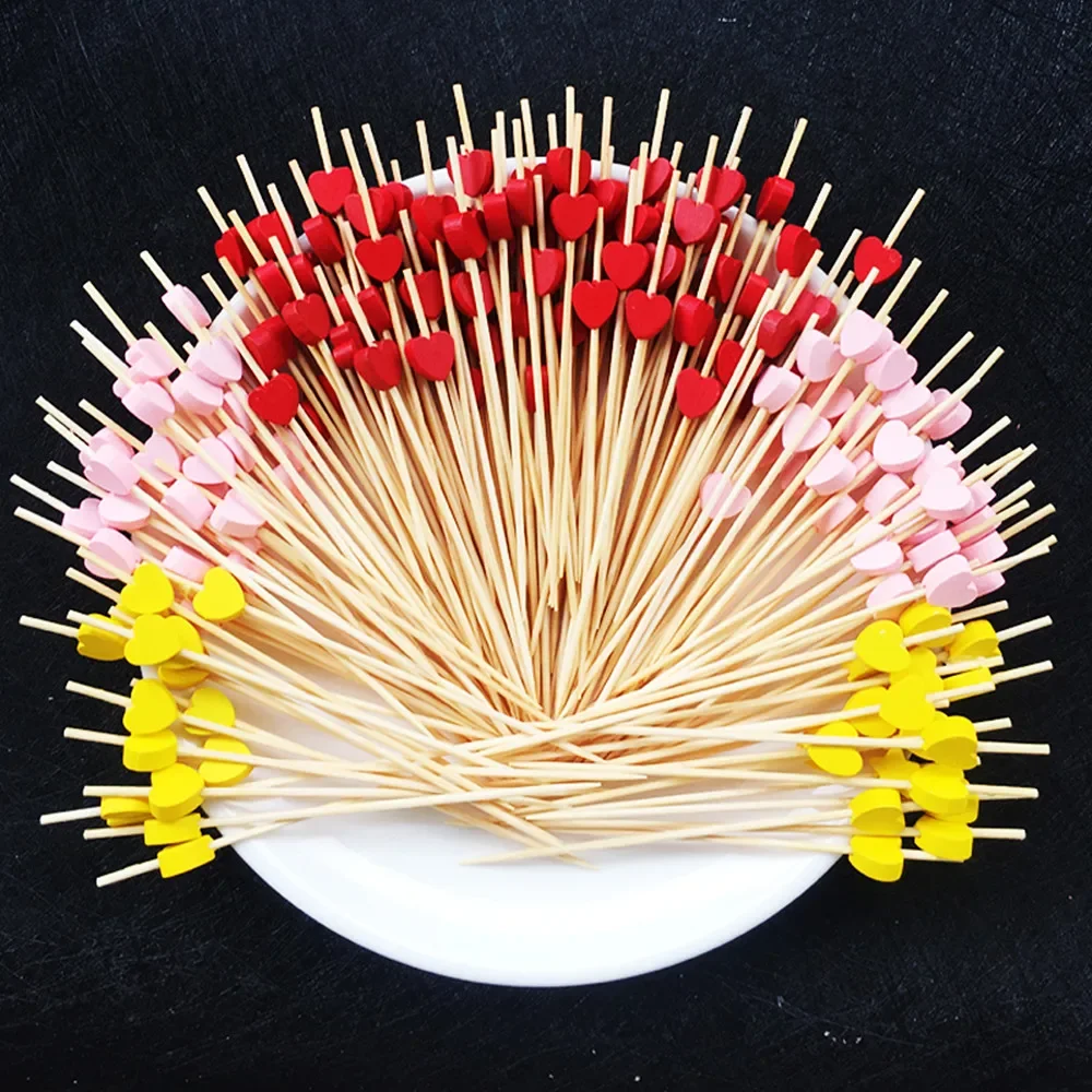 12cm Heart Flower Bamboo Pick et Cupcake Fruit Fork Party Dessert Salad Stick Cocktail Skewer for Wedding Decor 100pcs