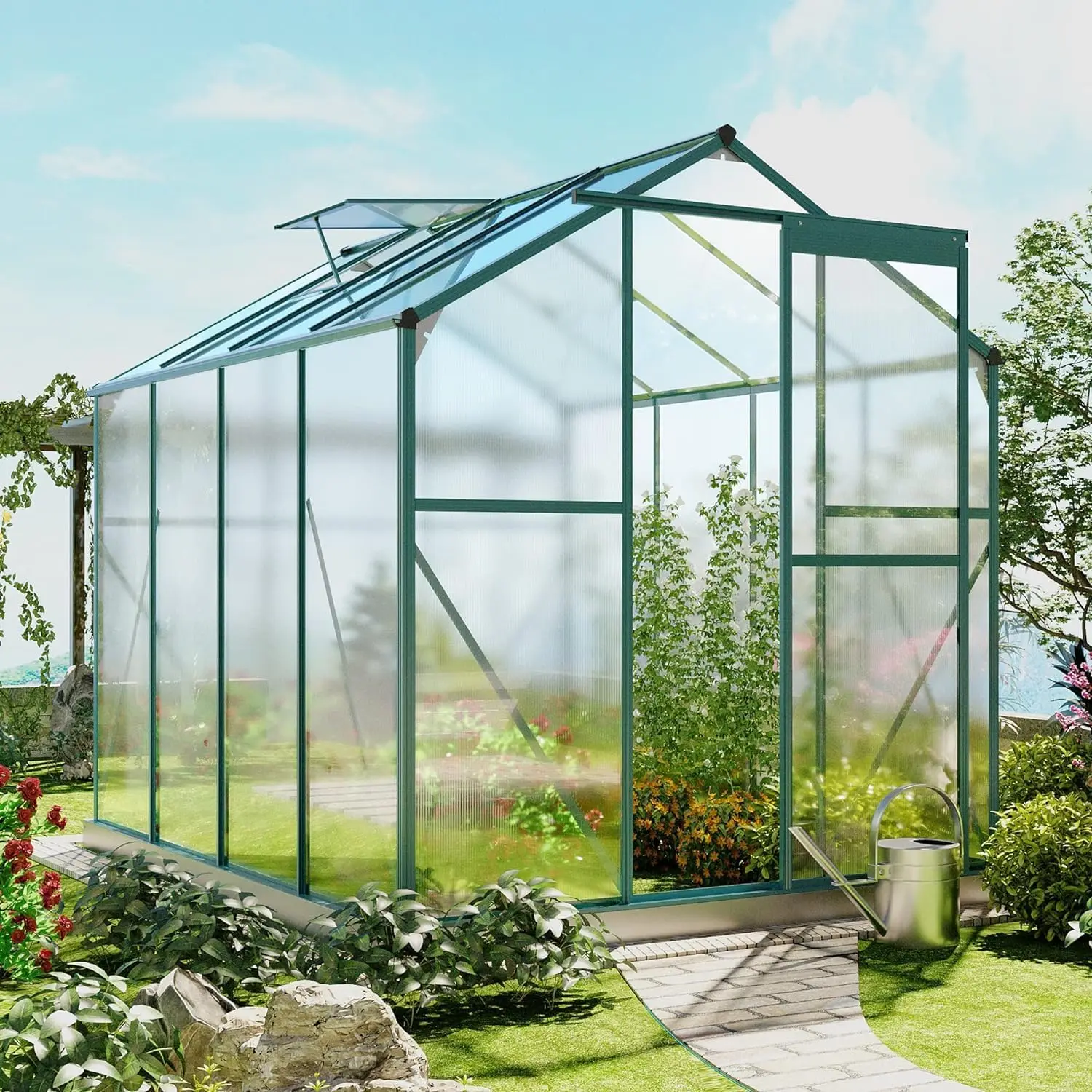 

Heavy Duty Aluminum Greenhouse 6'x8' for Outdoor Winter Walk-in Polycarbonate Garden Kit with Base, Adjustment Roof Vent