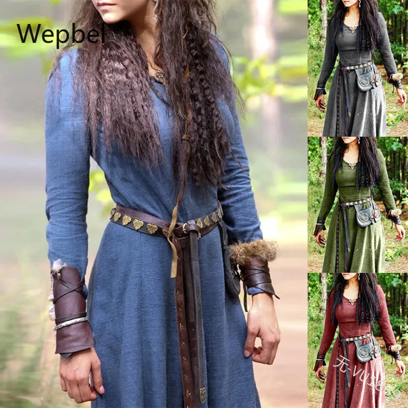 

WEPBEL Medieval Renaissance Women Dress High Waist Dresses Retro Solid Color Slim Fit O-neck Long Dress