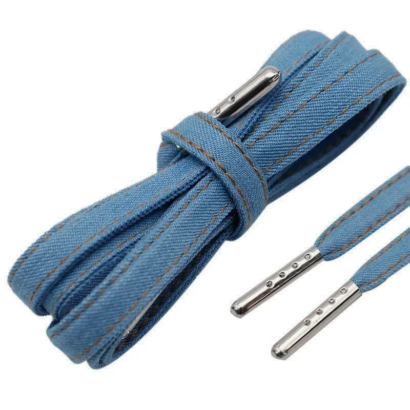 Stylish Blue Denim Flat Shoelaces with Decorative Strap - Durable and Trendy Accessory