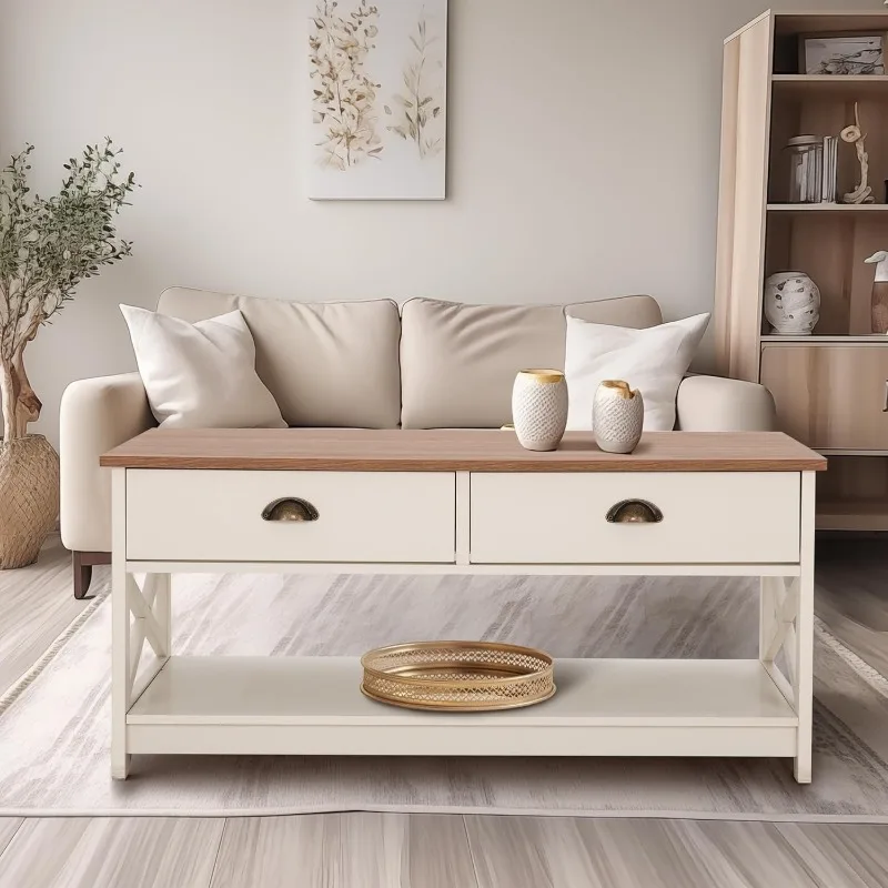Coffee Table for Living Room - Farmhouse Modern Coffee Tables with Storage, Ivory White Coffee Table 4