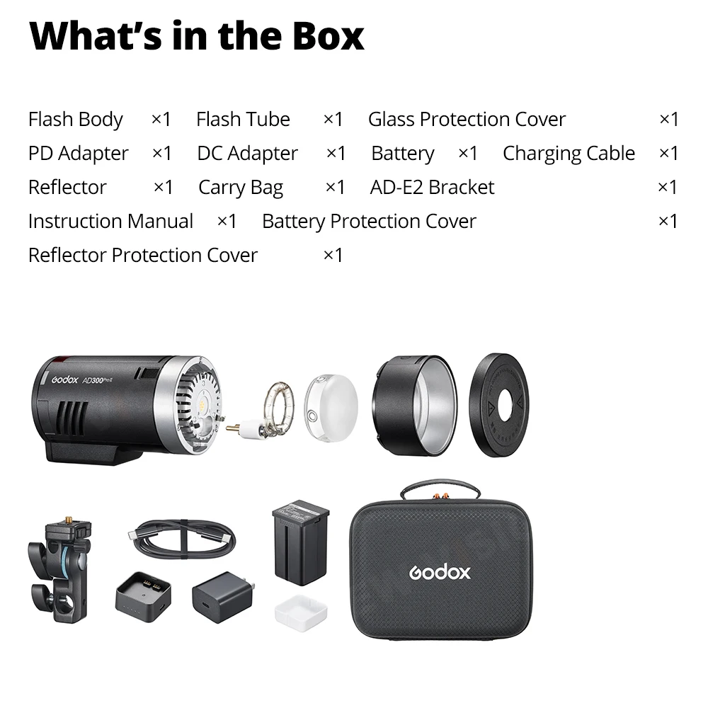 Godox AD300Pro II 야외용 플래시 300Ws TTL 2.4G 무선 1/8000 HSS 배터리 전원 공급 (캐논, 니콘, , 후지, 올림푸스용)