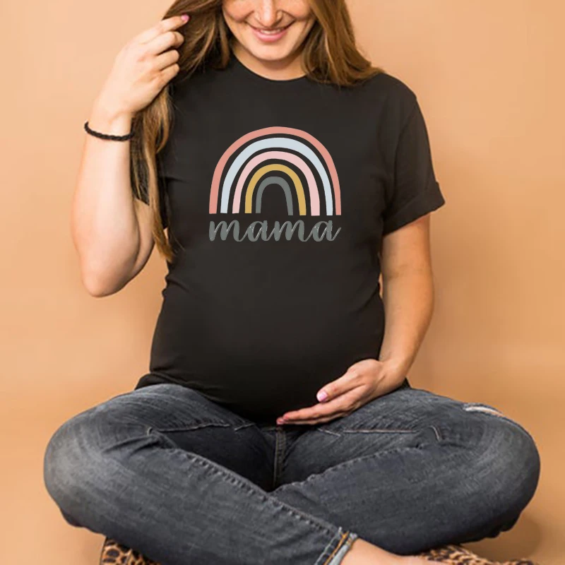 Nordic Rainbow Mama Printed Pregnant T Shirt Maternity Short Sleeve T-shirt Pregnancy Announcement Shirt New Mom Tshirts Clothes