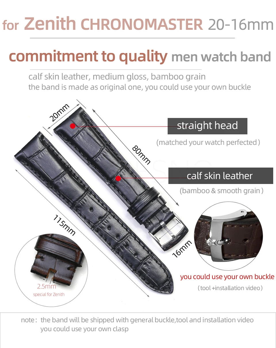 Pesno 20 mm Kalbsleder-Oberschicht-Leder-Uhrenarmband, Schwarz, Dunkelbraun, Dunkelblau, Uhrenarmband, Herrenuhr, Zubehör für Zenith Captain – Detail 3
