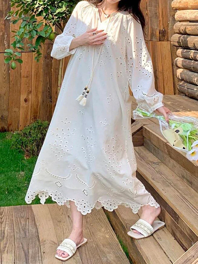 فستان نسائي من Rafiah Boutique بأكمام طويلة وطية صدر السترة مفرغ لفستان صيفي طويل مع أزياء أنيقة بلون متواضع