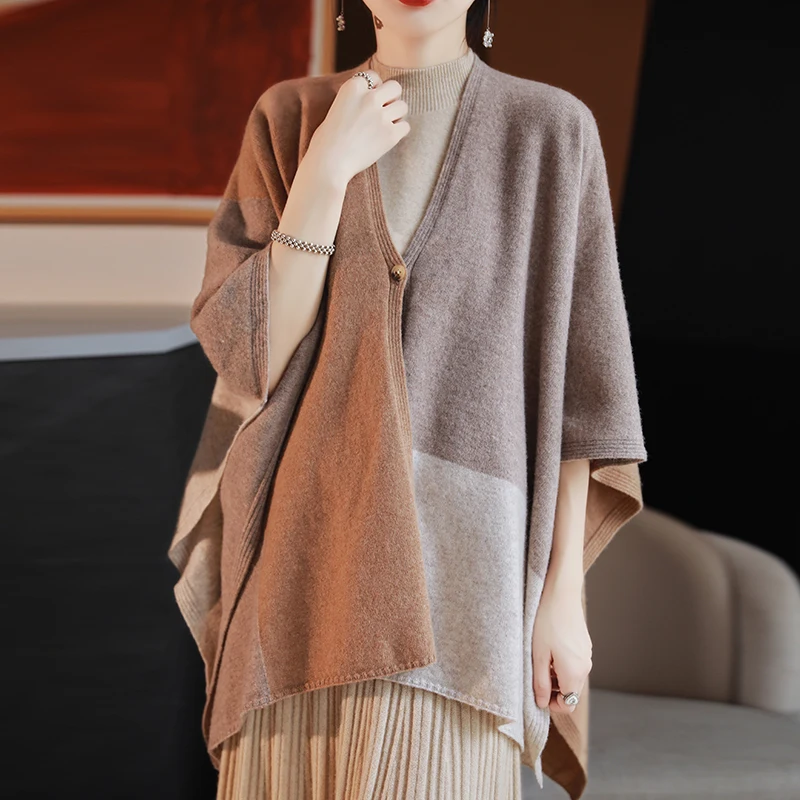 23 Autumn Winter New High End Shawl Cloak Women's One Button Shawl Scarf Colored 100% Pure Wool Loose And Comfortable Shawl Wrap