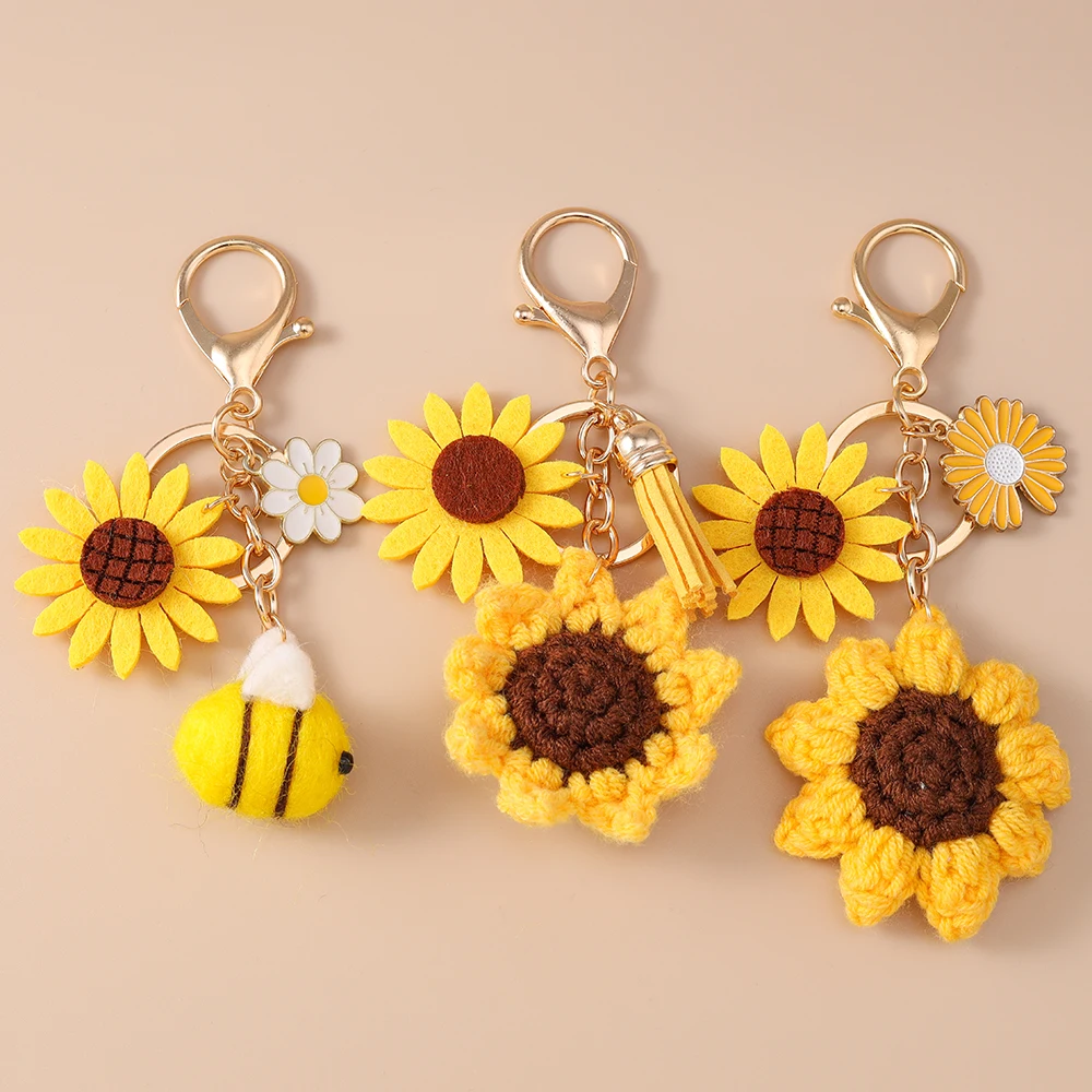 Aihua handgemachter gestrickter Sonnenblumen-Schlüsselanhänger für Frauen und Mädchen, niedliche gehäkelte Biene, Blumen-Schlüsselanhänger, Handtasche, Anhänger, Schmuck, Geschenke