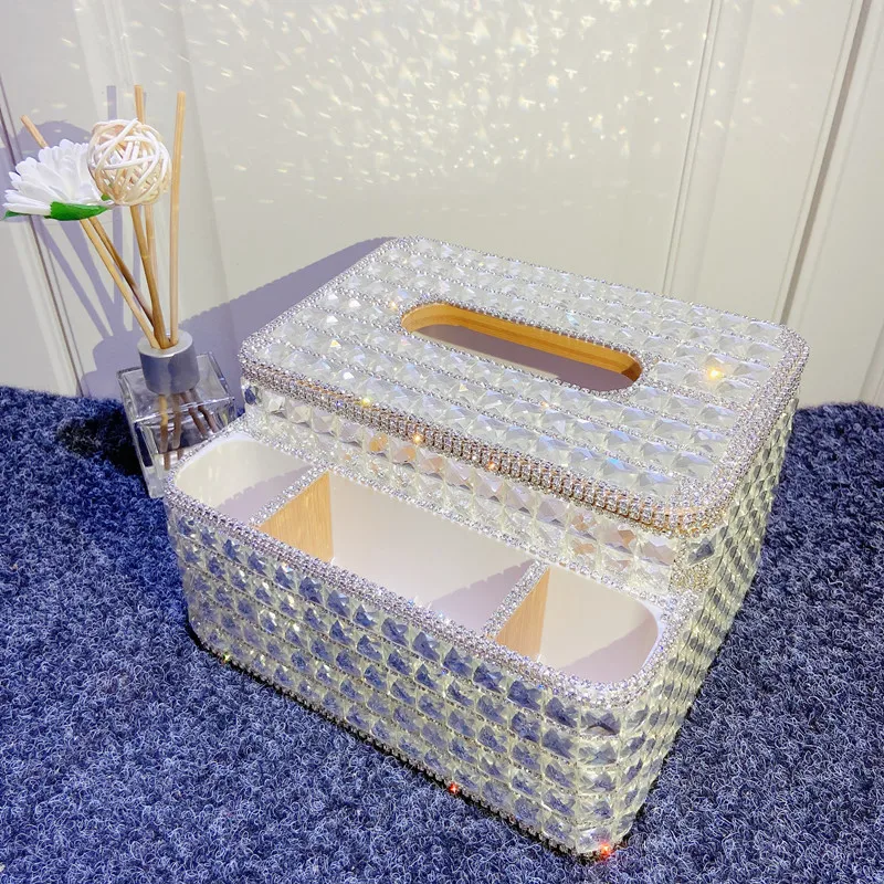 

Multipurpose Crystal Tissue Box for Living Room Coffee Table Rhinestone Paper Drawer Remote Control Napkin Wipe Holder Storage