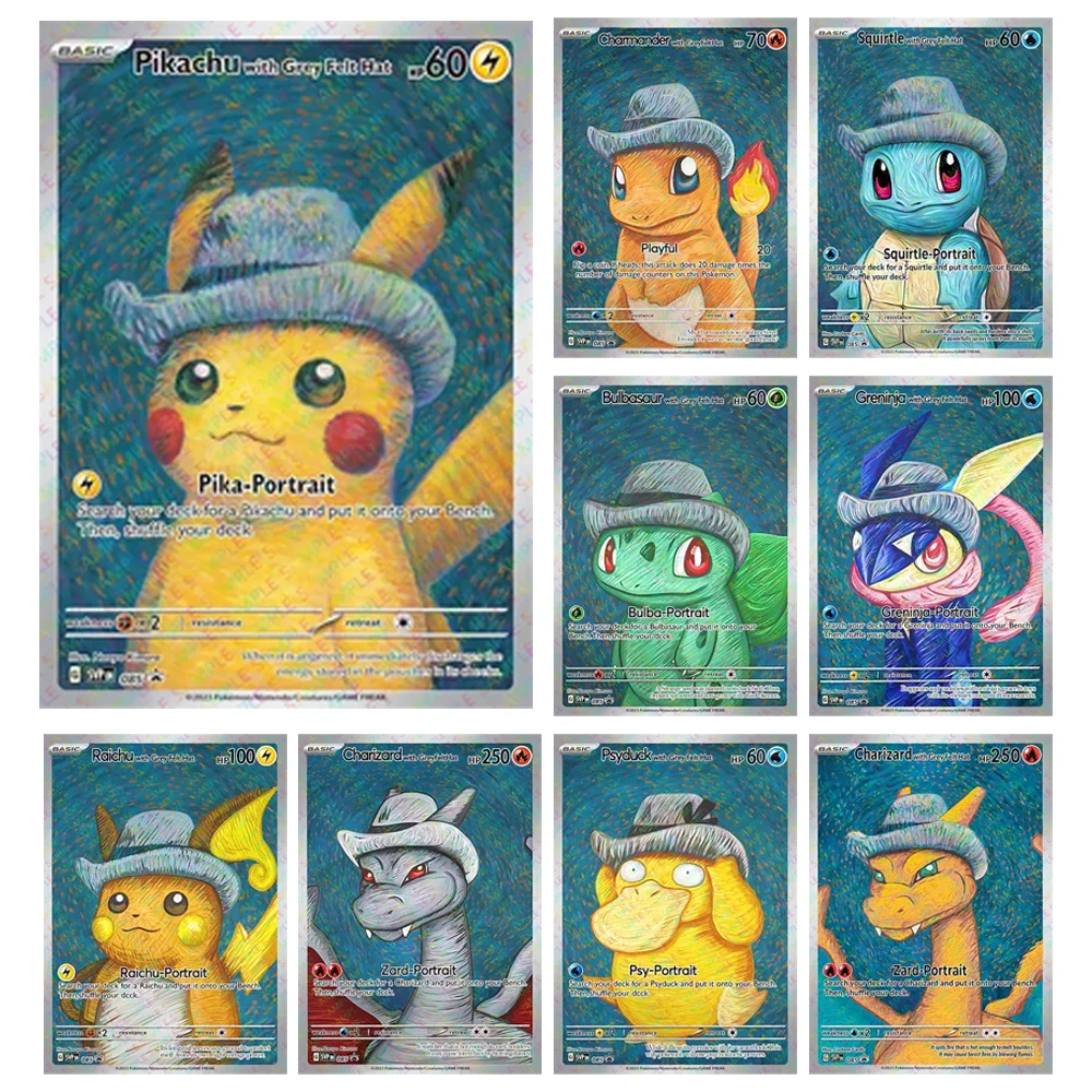 

Van Gogh Pokemon PTCG Museum Star Flash Card Diy Pikachu Charizard with Grey Felt Hat Greninja Pika Trainer Collection Cards Toy