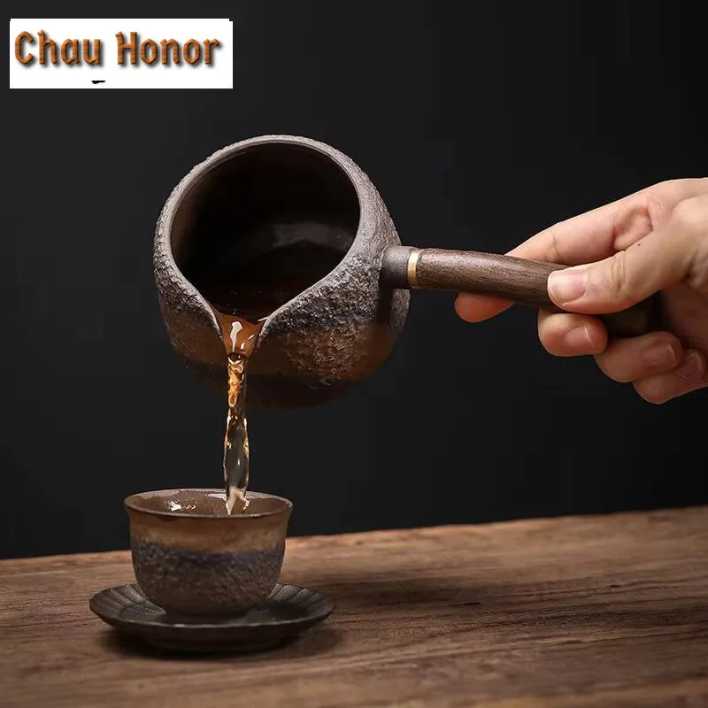 250ml Black Sandalwood Side Handle Justice Cup Handmade Coarse Pottery Gilt Iron Glaze Tea Separator Accessories Drinkware Gifts