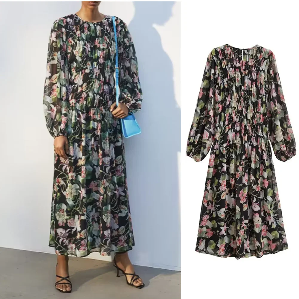 

Women's 2023 new casual round neck puff sleeve printed elegant dress autumn loose midi dress Vestidos Mujer 1196982